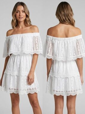 Boho Summer White Beach Sundress Sz S Lace Off the Shoulder Tiered Mini Romantic